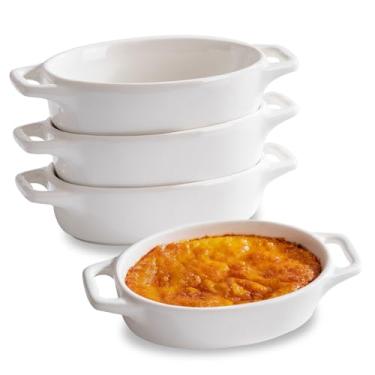 Imagem de Zaposcca 170 g Creme Brulee Ramekins, pacote com 4 minipratos ovais de suflê, ramequins seguros para forno com alças duplas (branco)