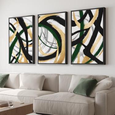 Imagem de Arte de parede abstrata emoldurada grande para sala de estar, conjunto de 3 impressões em tela modernas, arte de pintura para paredes, preto, verde e dourado, pinceladas, imagens para corredor, sala