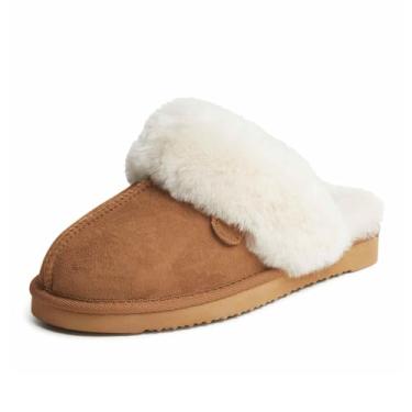 Imagem de Dearfoams Pantufa feminina Fireside Sydney Shearling Fur para uso interno/externo com larguras largas, Castanho, 38