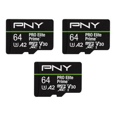 Imagem de PNY Paquete de 3 Tarjetas Memoria microSDXC 64GB Pro Elite Prime Class 10 U3 V30 A2 + Adaptador SD - Hasta 200MB/s, Classe 10, U3, V30, A2, 4K UHD, Full HD, UHS-I