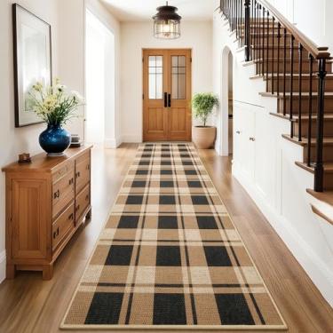 Imagem de AROGAN Tapete quadriculado fácil de juta para corredor, tapete lavável de corredor de cozinha de 6 x 20 cm, tapetes geométricos longos com design de casa de fazenda para entrada, lavanderia interna