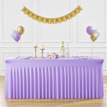 Imagem de Toalhas de mesa de 2,4 m lavanda elastano para mesas retangulares, sem rugas, lilás roxo claro, retangular, toalha de mesa elástica com saia para festa de aniversário, casamento, banquete, chá de bebê