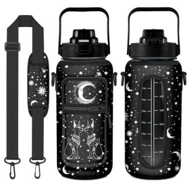 Imagem de Garrafa de água Goth Black Moon de 1,8 litro com manga - Top sem BPA - Marcador de tempo motivacional à prova de vazamento - Presentes góticos para mulheres - Lua de Halloween para presentes