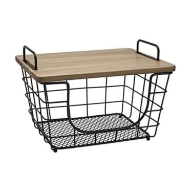 Imagem de Gourmet Basics by Mikasa Cesta retangular de empilhamento/encaixe, Madam Metal com tampa de acácia, preto antigo