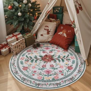 Imagem de Wonnitar Tapete redondo lavável de Natal de 1,2 m, tapete circular pequeno para quarto de crianças, tapete redondo ultrafino antiderrapante com estampa floral de azevinho para quarto, sala de estar