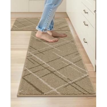 Imagem de COSY HOMEER Tapetes de cozinha, 2 peças de tapete de cozinha antiderrapante, lavável, tapetes absorventes para chão de cozinha, tapete de pia de cozinha de poliéster 51 x 81 cm + 51 x 122 cm (bege)