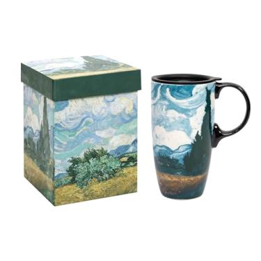 Imagem de Topadorn Caneca de café cerâmica xícara de chá com latte de porcelana com tampa 482 g, campo de trigo e cipreste