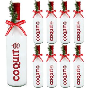Imagem de Mimorou Pacote com 8 conjuntos de garrafas de vinho de vidro de coquito natalino 750 ml garrafas de licor transparentes vazias com fita e ramos artificiais para líquidos, vinho, presentes de Natal