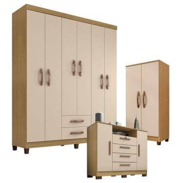 Imagem de Guarda Roupa Casal Modena Com Cômoda Madri E Armário Multiuso Recife Carvalho Americano Off White – Incorplac