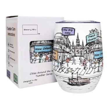 Imagem de Beary Blu Cidades ao redor do mundo Série de copos de 355 ml - Projetado nos EUA - Copo isolado a vácuo com tampas - Caneca de viagem de aço inoxidável para vinho e café, água, para bebida quente e