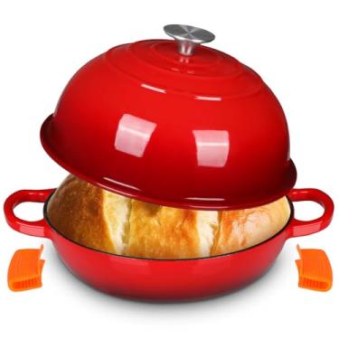 Imagem de LIFERUN Forno holandês de ferro fundido esmaltado de 6 litros para assar pão, panela antiaderente em forma de cúpula com tampa, alças de silicone e raspador, vermelho