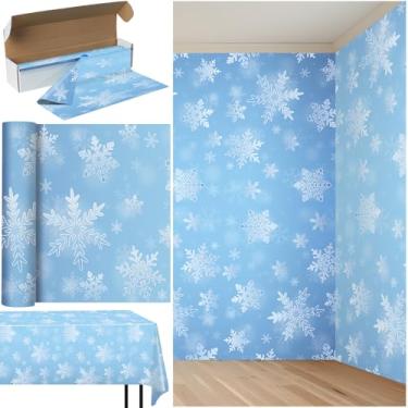 Imagem de Toalha de mesa de plástico de floco de neve de inverno, 137 x 25 m, capa de mesa de floco de neve azul claro com caixa de corte, pano de fundo descartável para decoração de festa de Natal