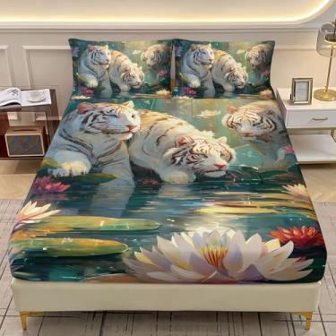Imagem de AILONEN Jogo de lençol solteiro de tigre branco, tigre fofo e lótus rosa para crianças, meninas, 3 peças, lençol com elástico floral florestal + 2 fronhas