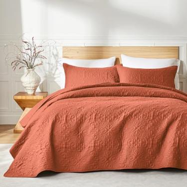 Imagem de akkialla Conjunto de colcha King/Cal King laranja queimado, colcha leve de padrão barroco para todas as estações, colcha de microfibra macia para casa, dormitório, apartamento (1 colcha, 2 fronhas)