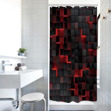 Imagem de Riyidecor Cortina de chuveiro vermelha preta 91 cm L x 182 cm barraca pequena abstrata geométrica tijolo geométrico moderno design gradiente 3D cubos xadrez futurista legal decoração de banheiro