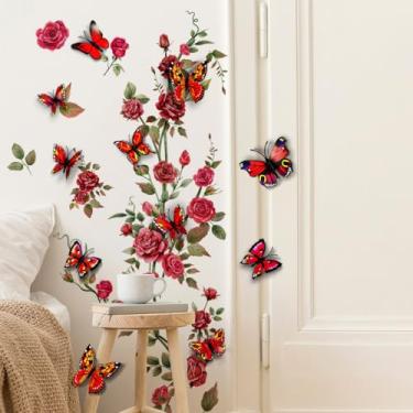 Imagem de Boodecal Decalques de parede borboleta 3D série rosa vermelha flores videiras plantas decalques de porta adesivos externos à prova d'água e removível (vermelho claro)