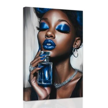 Imagem de ZXHYWYM Arte de parede azul afro-americana decoração de parede feminina preta elegante impressão em tela moda charme menina pôster para quarto feminino casa emoldurada (30,5 cm x 45,7 cm)