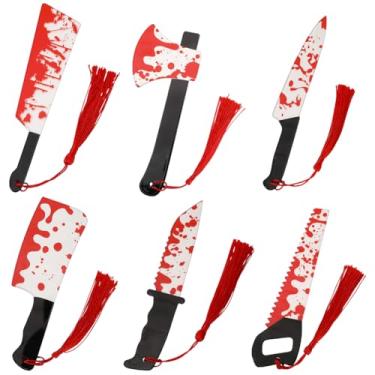 Imagem de CRASPIRE 6 Estilos Marcadores de Livro de Halloween Espingarda de Sangue Faca Machado Serra Acrílico com Borlas para Escritores, Oficiais, Professores, Amigos, Terror Crime Assustador, Amantes de