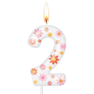Imagem de Conelist Número margarida, vela de aniversário, flor rosa, margarida, topo de bolo para meninas, tema boho, aniversário, chá de bebê, decoração de bolo (branco, número 2)