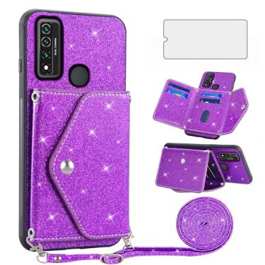 Imagem de Asuwish Capa de telefone para Alcatel TCL 4X 5G T601DL/20 A 5G T768S capa carteira com protetor de tela de vidro temperado e alça transversal cordão Bling Glitter cartão titular TCL4X5G 4X5G visível