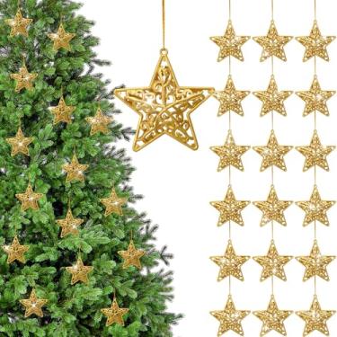Imagem de Cinnvoice 24 peças 3D ouro glitter estrela enfeites de árvore de Natal decorações de férias ornamentos de estrelas para árvores de Natal, férias, casamento, decorações de festa de Natal