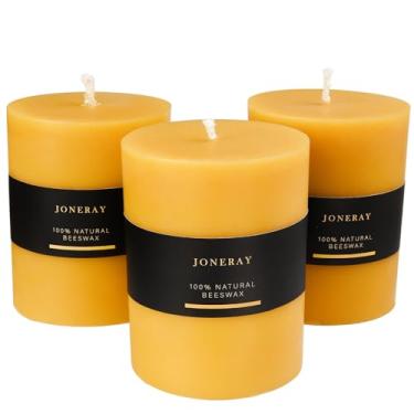 Imagem de JONERAY Velas de pilar de cera de abelha, pacote com 3, velas de cera de abelha pura natural - sem cheiro, tempo de queima de longa duração, sem fumaça e sem gotejamento