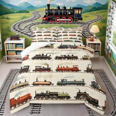 Imagem de Feelyou Conjunto de edredom de trem vintage, retrô, com motor a vapor, para meninos e meninas, retrô, locomotiva a vapor, conjunto de colcha, trem de veículo