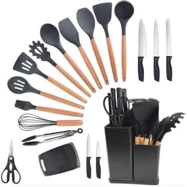 Imagem de Conjunto de Utensílio de Cozinha 19 Peças Silicone Antiaderente Cabo Madeira Kit Jogo Completo Espátula Concha Colher Faca Tesoura Pegador Tábua (PRETO)