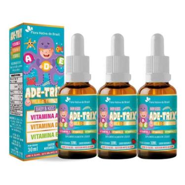 Imagem de Kit 3 Vitaminas A D e E  AdeTrix Kids Gotas Sabor Morango 30ml Flora N