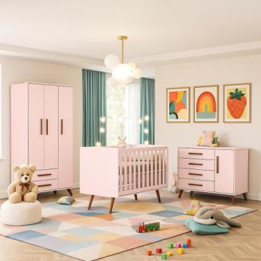 Imagem de Quarto de Bebê Completo Retrô com Berço, Cômoda e Guarda Roupa Com Pés