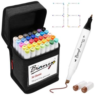 Imagem de Conjunto de Canetas Artisticas á Base de Álcool 36 Cores com Estojo de Viagem e Cartão Projetável para Colorir, Bianyo