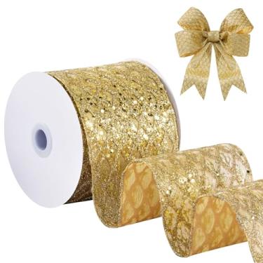 Imagem de FAKILO Fita de malha dourada com fio, 10 cm x 10 metros, fita de malha com glitter, adequada para decoração de guirlanda, decoração de árvore de Natal, utensílios de mesa de Natal e decoração de