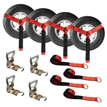 Imagem de Mega Cargo Control Pacote com 4 conjuntos de elevadores de roda de reboque O Ring com tubo de dedo J gancho catraca acessórios de amarração vermelha para ATV, UTV, trailers, caminhões