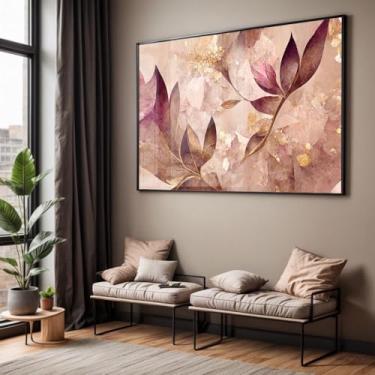 Imagem de Quadro com Moldura e Acrilico Cristal Vidro Sala Quarto Abstrato Floral Folhas Dourada Rosa Decorativo Horizontal Grande Hall