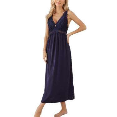 Imagem de Camisola ALCEA ROSEA de seda de cetim com renda para mulheres azul mar