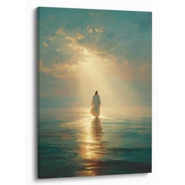 Imagem de Arte de parede cristã 12x16 tela emoldurada impressões de Jesus andando na água luz do sol arte pintura religiosa serenidade oração sala decoração católica bíblica pôsteres bíblicos versículo bíblico
