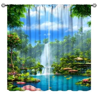 Imagem de Cortinas de cachoeira, tratamento de janela de paisagem verde natural da primavera, cortinas de escurecimento de bolso para quarto, sala de estar, decoração de casa, 106,7 cm L x 114,3 cm C (sem