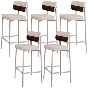 Imagem de Kit 05 Banquetas Alta Bar Cozinha Sala De Jantar Aço Branco Kaira C01 Linho Palha Courino Whisky - Lyam Decor