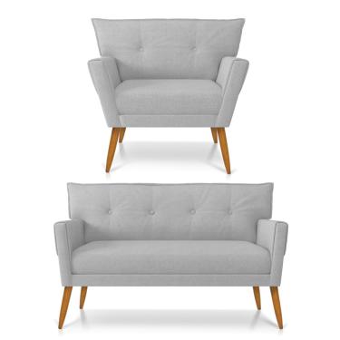 Imagem de Kit 01 Namoradeira 02 Lugares e 01 Poltrona Anitta Linho Cinza A05 Pés Palito Castanho - D?Rossi