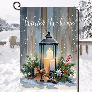 Imagem de Lanterna de vela bem-vinda bandeira de jardim de inverno dupla face agulha de pinheiro baga natal natal casa bandeira sazonal decoração externa para quintal gramado pátio 30 x 45 centímetros