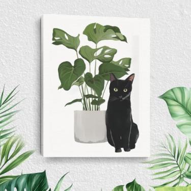 Imagem de Arte de parede emoldurada botânica de gato fofo, folhas verdes, plantas, boho, arte de parede, pinturas, decoração de parede, presentes exclusivos e amantes de gatos, imagem para sala de jantar, sala