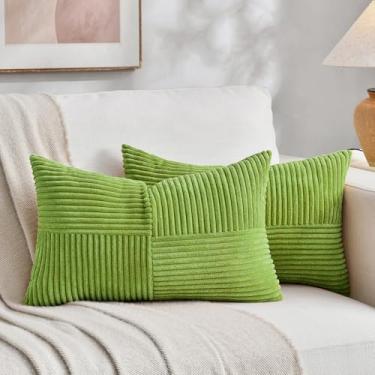 Imagem de Fancy Homi Conjunto de 2 capas de almofada decorativas para lombar verde limão 35 x 55 cm para sala de estar, quarto, sofá-cama, sofá, veludo cotelê listrado macio, moderno, retangular, 35 x 55 cm