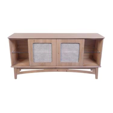 Imagem de Rack Para Tv De Madeira 2 Portas Em Rattan E 2 Prateleiras De Vidro - Avelã