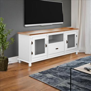 Imagem de Rack Para Tv Com 2 Portas Gaveta E Nicho Pés Torneados - Branco Laca Com Tampo Imbuia Glazer