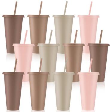 Imagem de Skylety 12 peças de copos de plástico boho com tampas e canudos 680 g copo reutilizável grande caneca de viagem xícara de café bebidas suprimentos de festa para Natal, casamento, noiva, chá de bebê