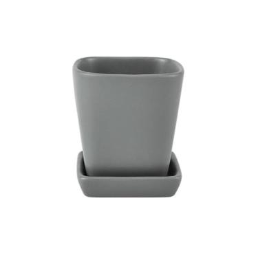 Imagem de Vasos de flores em forma quadrada com orifícios de drenagem e bandeja de pires, vaso de cerâmica de mesa para varanda, sala de estar, quarto, peitoril da janela, vasos de flores decorativos (cinza)