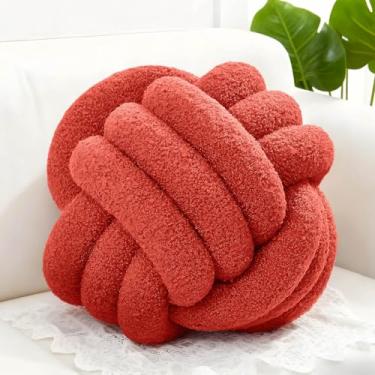 Imagem de Adlbbkiy Bola de almofada vermelha com nó de 21 cm, almofada redonda macia feita à mão com nó, almofada de pelúcia para decoração de casa, almofada de travesseiro de pelúcia com nó, para sofá de sala