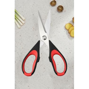 Imagem de Tesoura de cozinha resistente, tesoura multiuso de aço inoxidável ultra afiada de 21 cm para carne e aves, preto e vermelho