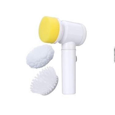 Imagem de Escova Giratória Elétrica de Limpeza, Recarregável, Sem Fio, Branco e Azul, com 3 Ponteiras, Extensão 110cm, 300 RPM, para Pisos e Azulejos