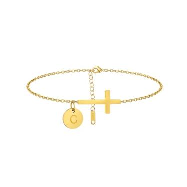 Imagem de Mauzew Tornozeleira feminina com inicial dourada delicada à prova d'água com cruz dourada personalizada A-Z Moeda Disco Letra Tornozelo Pulseira Verão Praia Joias Presentes Amizade, one size, Aço